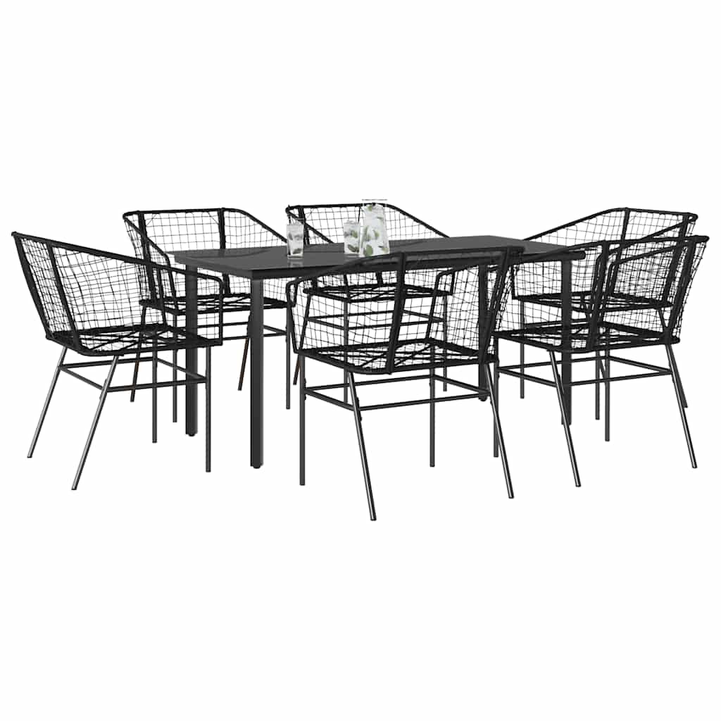 Set Pranzo da Giardino 7 pz Nero Polyrattan Vetro