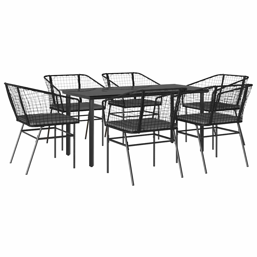 Set Pranzo da Giardino 7 pz Nero con Cuscini Polyrattan Vetro