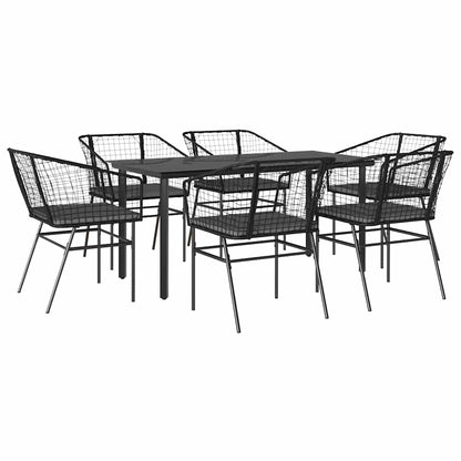 Set Pranzo da Giardino 7 pz Nero con Cuscini Polyrattan Vetro