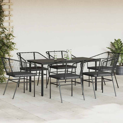 Set Pranzo da Giardino 7 pz Nero con Cuscini Polyrattan Vetro