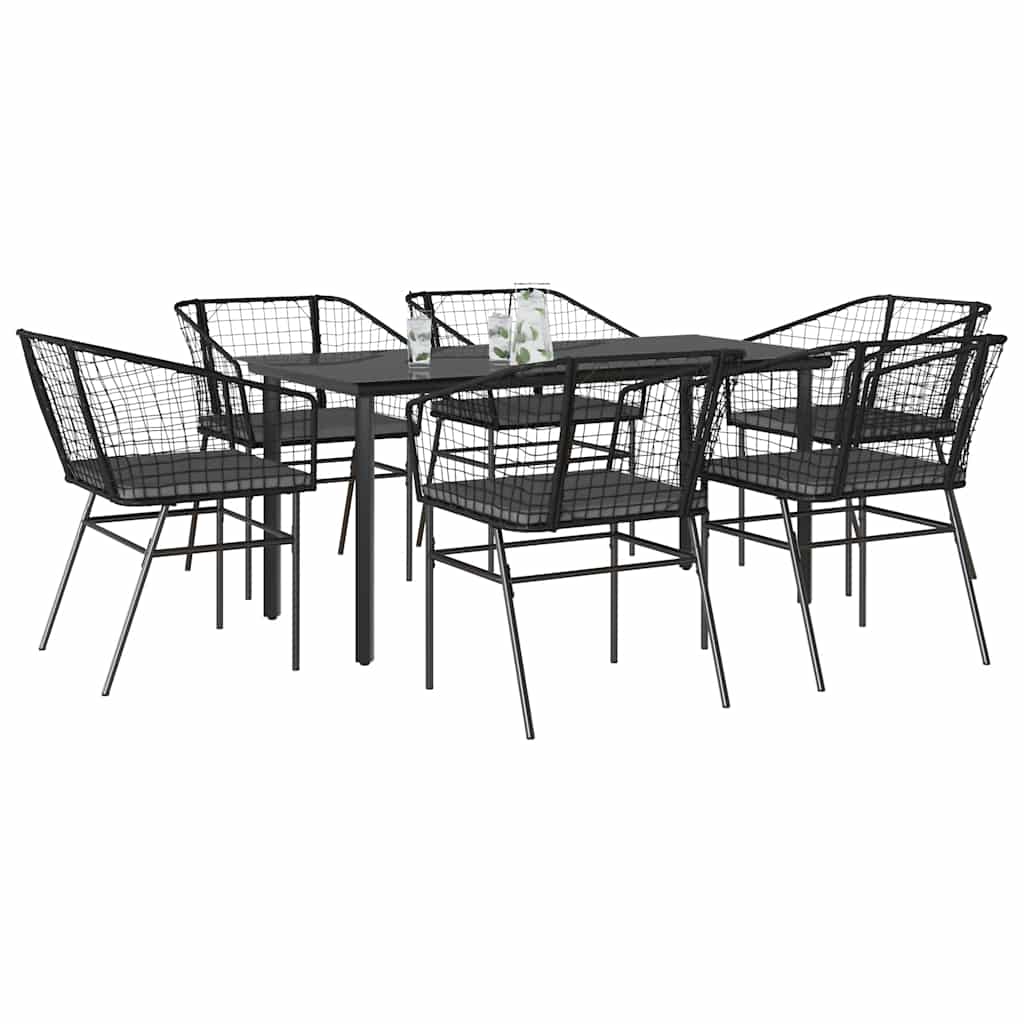 Set Pranzo da Giardino 7 pz Nero con Cuscini Polyrattan Vetro