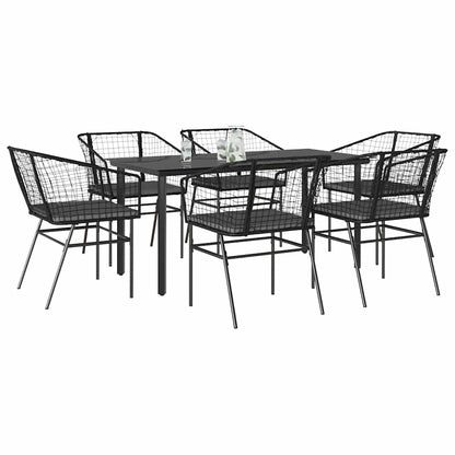 Set Pranzo da Giardino 7 pz Nero con Cuscini Polyrattan Vetro