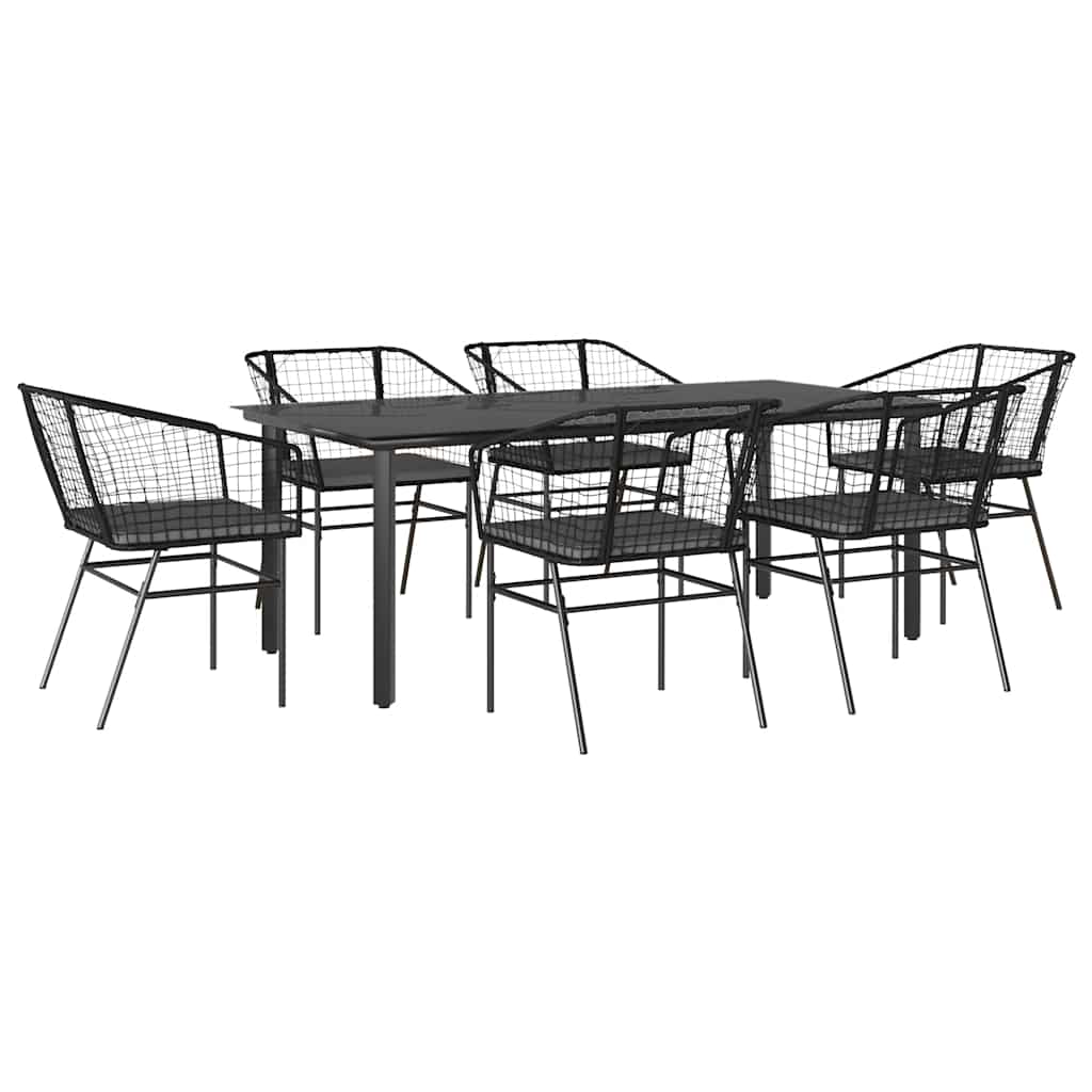 Set Pranzo da Giardino 7 pz Nero con Cuscini Polyrattan Vetro