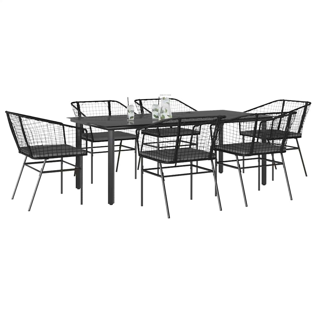 Set Pranzo da Giardino 7 pz Nero con Cuscini Polyrattan Vetro