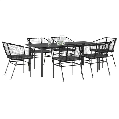 Set Pranzo da Giardino 7 pz Nero con Cuscini Polyrattan Vetro