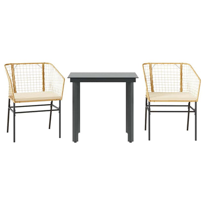 Set da Pranzo da Giardino 3pz con Cuscini Polyrattan Vetro