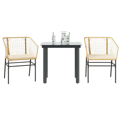 Set da Pranzo da Giardino 3pz con Cuscini Polyrattan Vetro