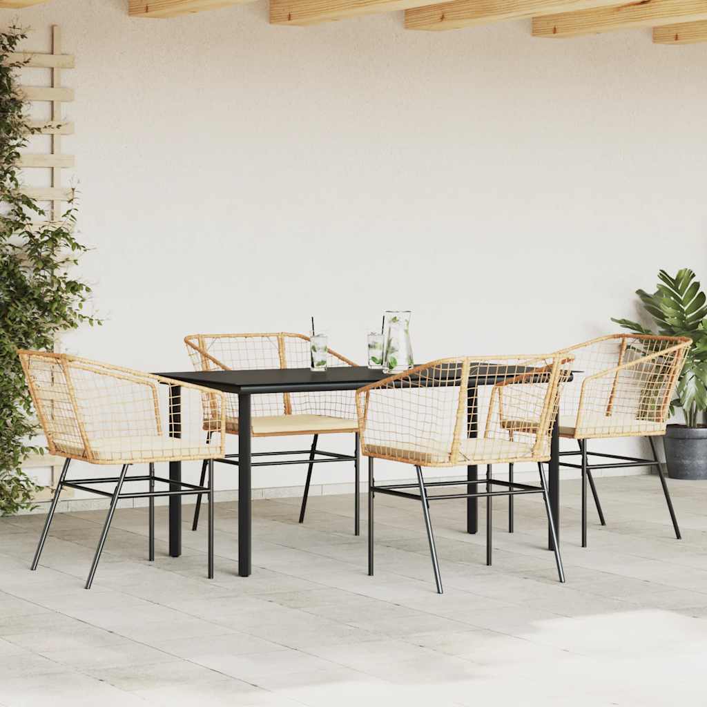 Set da Pranzo da Giardino 5pz con Cuscini Polyrattan Vetro