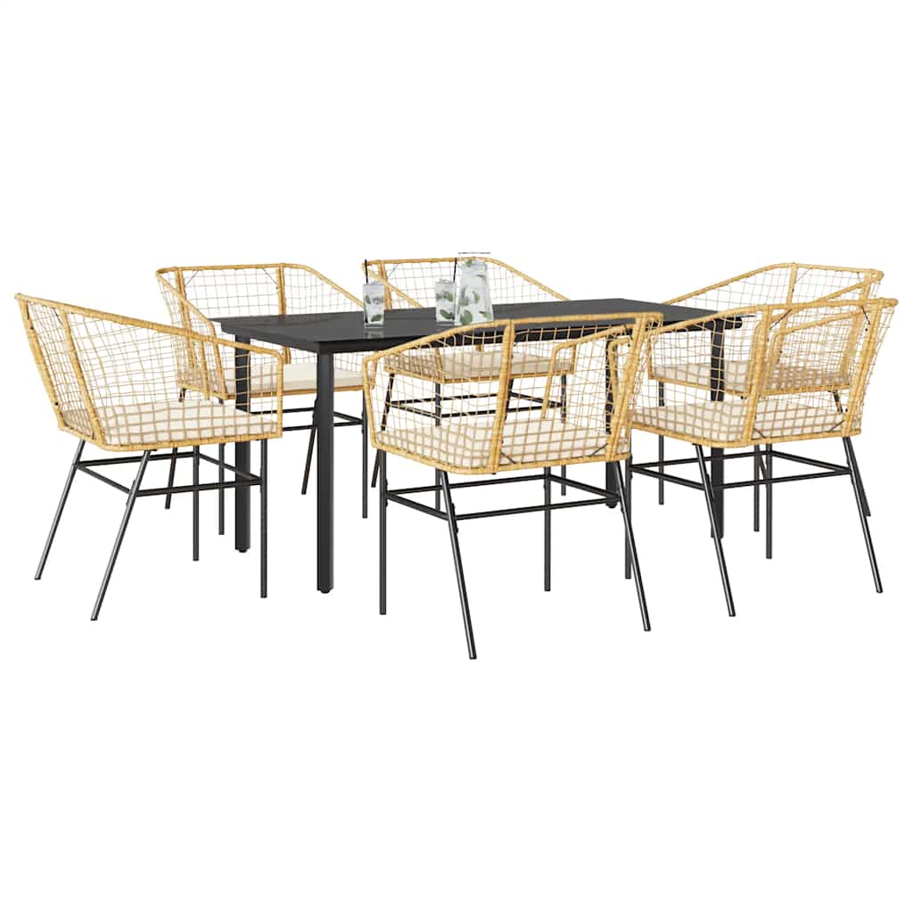 Set Pranzo da Giardino 7pz con Cuscini Marrone Polyrattan Vetro