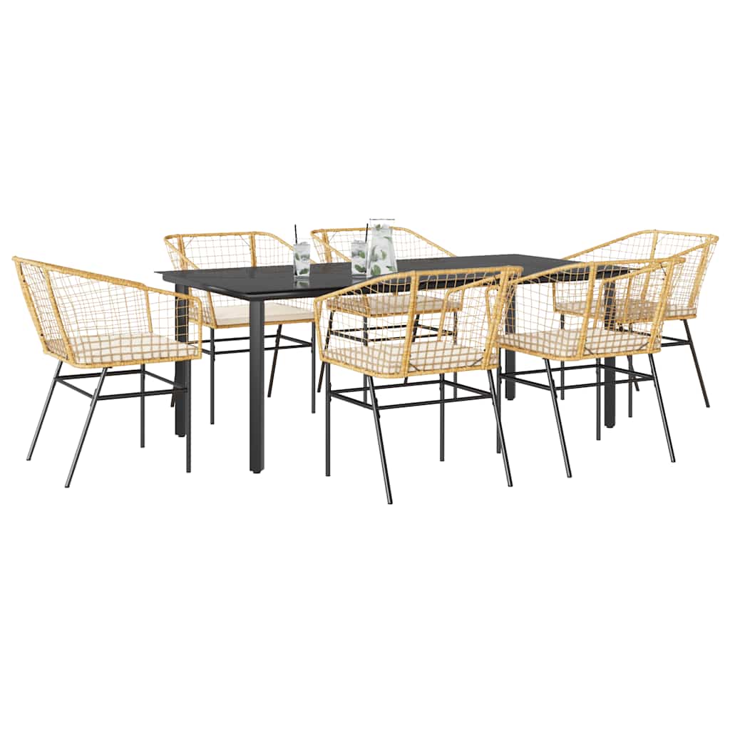Set Pranzo da Giardino 7pz con Cuscini Marrone Polyrattan Vetro