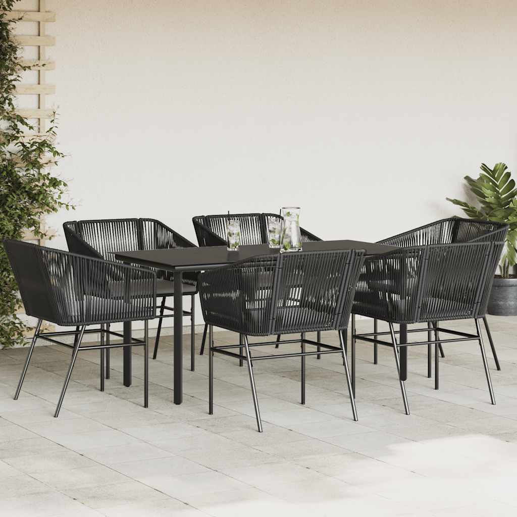 Set Pranzo da Giardino 7 pz Nero con Cuscini Polyrattan Vetro
