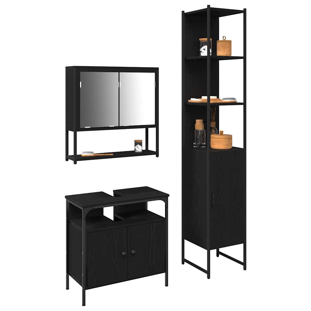 Set di mobili per il bagno 3 pcs Rovere Nero Legno multistrato