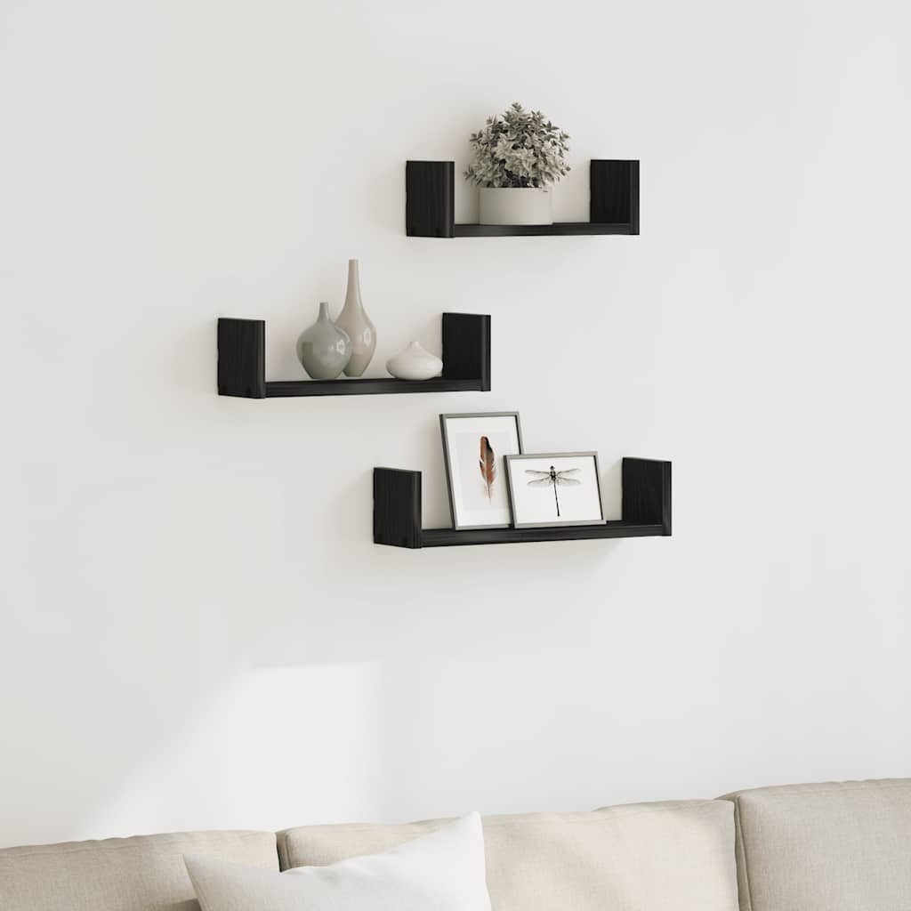 Mensole Parete 3pz Rovere Nero in Legno Multistrato