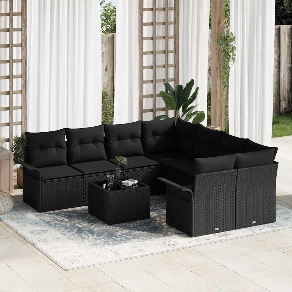 Set Divano da Giardino 9 pcs Nero Poly Rattan