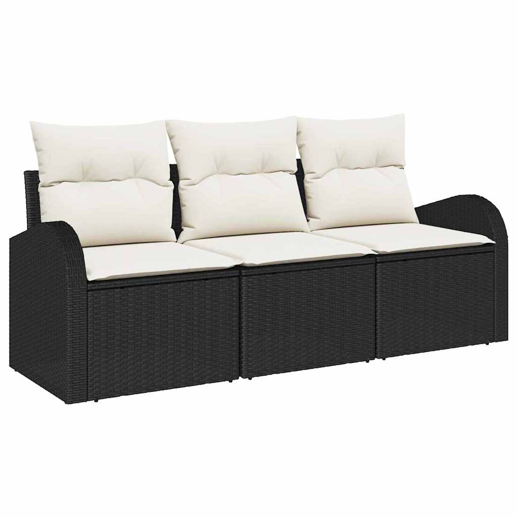 Set Divano da Giardino con cuscino 3 pcs Nero Poly Rattan