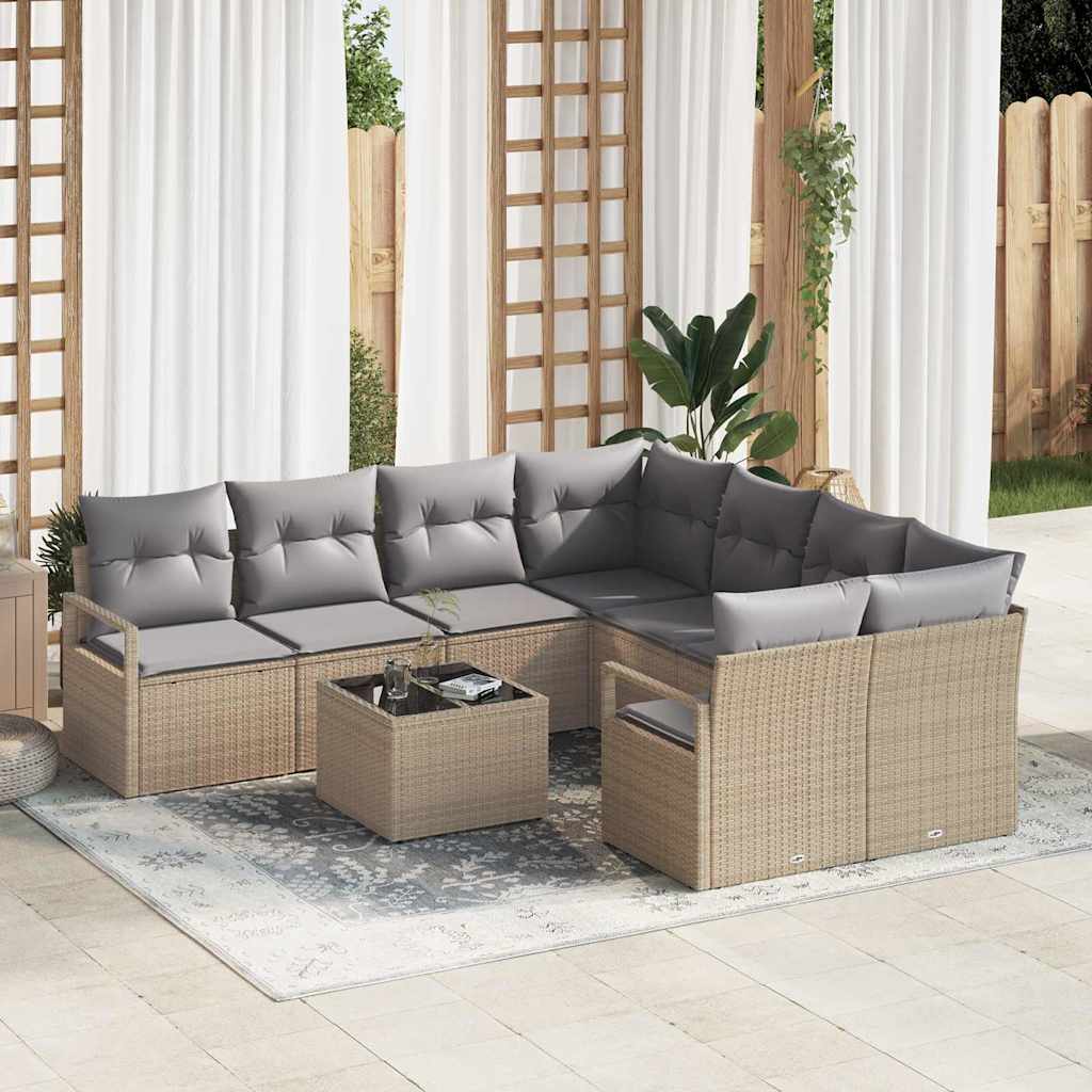 Set di divani con cuscino 9 pcs Beige e grigio polyrattan