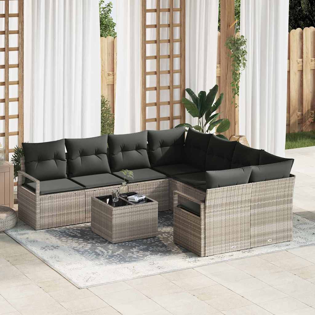 Set di divani con cuscino 9 pcs Grigio chiaro e nero polyrattan