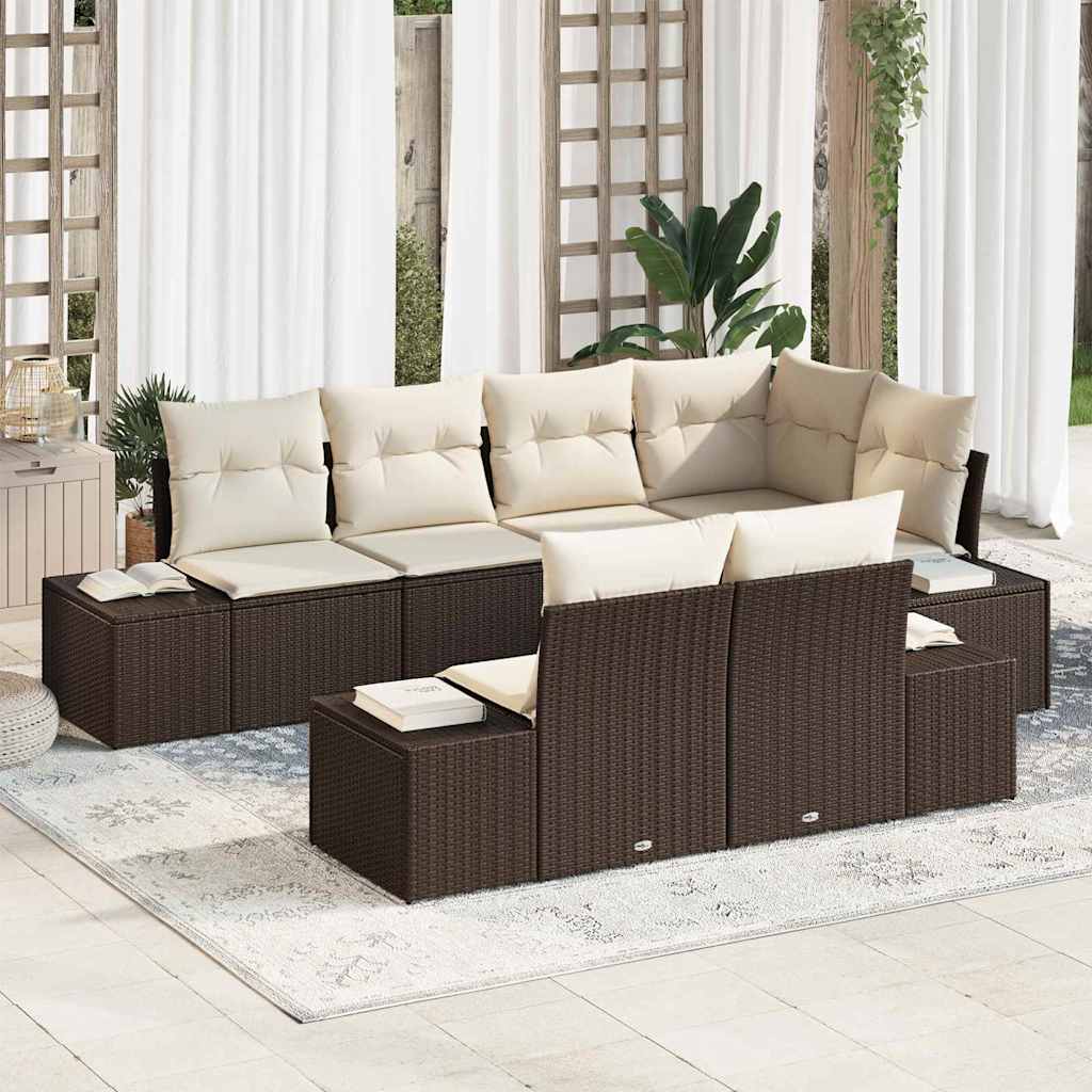 Set Divano da Giardino 7 pcs Marrone e Crema Poly Rattan