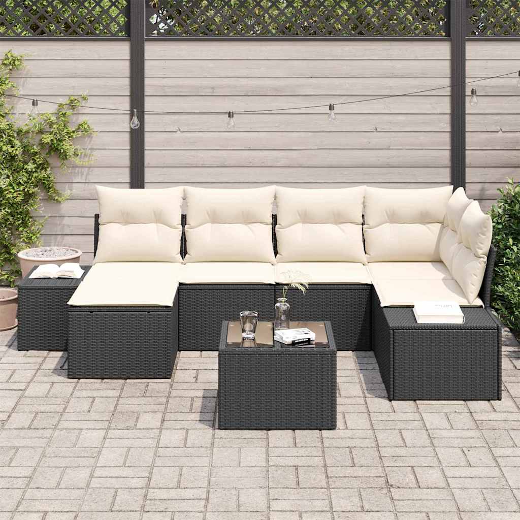 Set Divano da Giardino 7 pcs Nero e Crema Poly Rattan