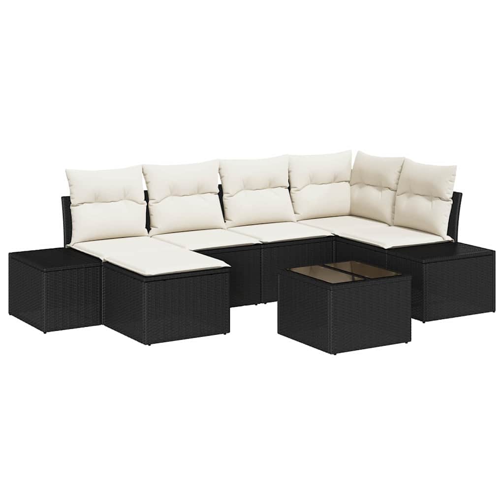 Set Divano da Giardino 7 pcs Nero e Crema Poly Rattan