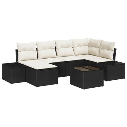 Set Divano da Giardino 7 pcs Nero e Crema Poly Rattan