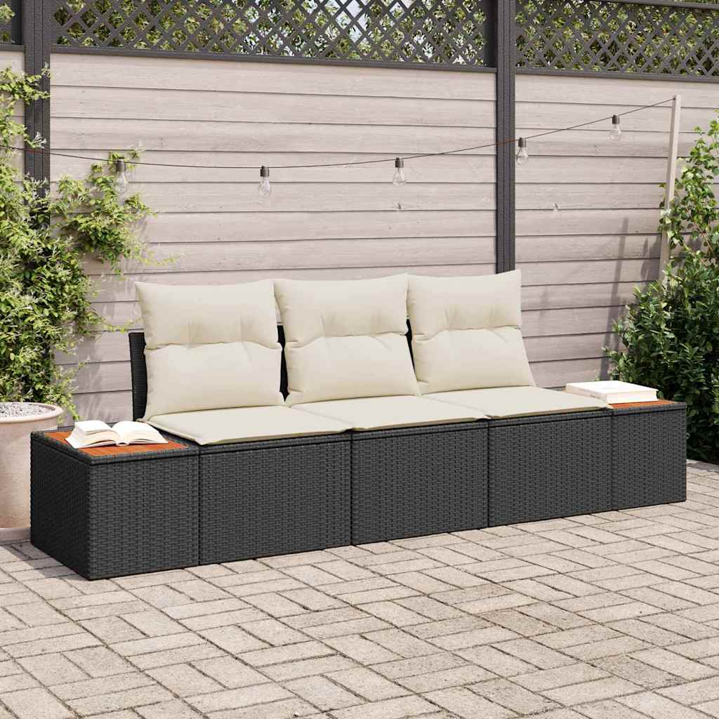 Set Divano da Giardino con cuscino 3 pcs Nero polyrattan
