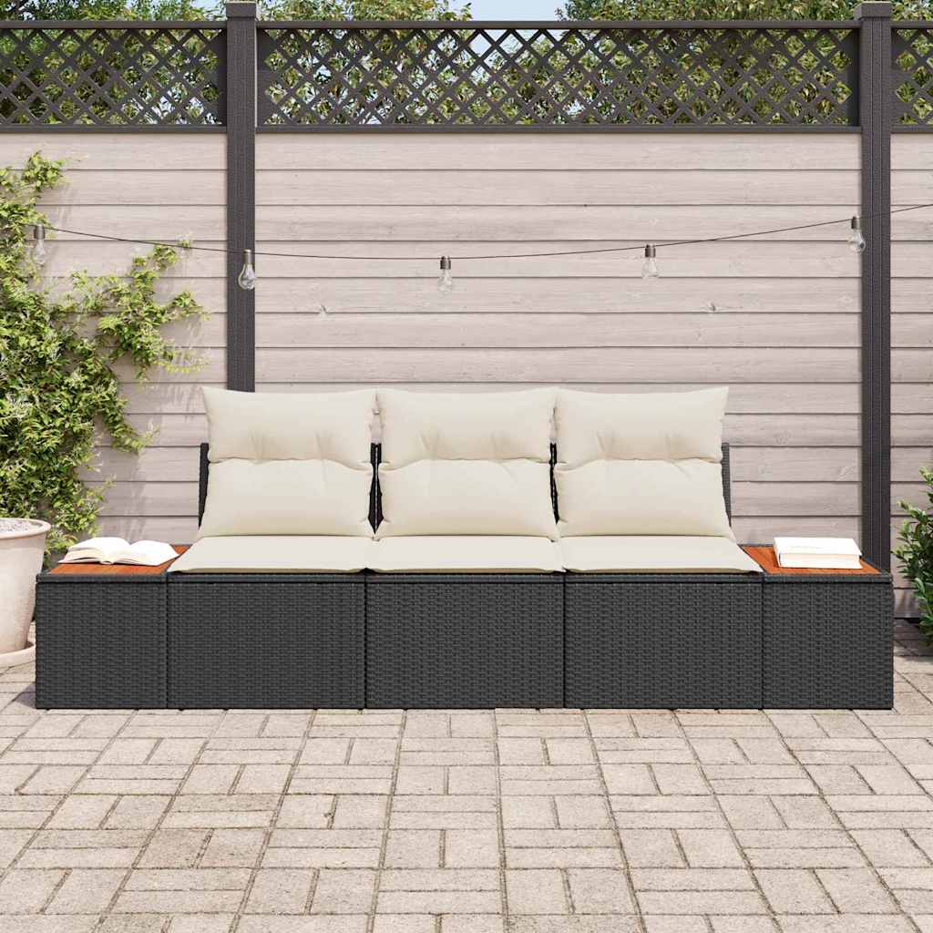 Set Divano da Giardino con cuscino 3 pcs Nero polyrattan