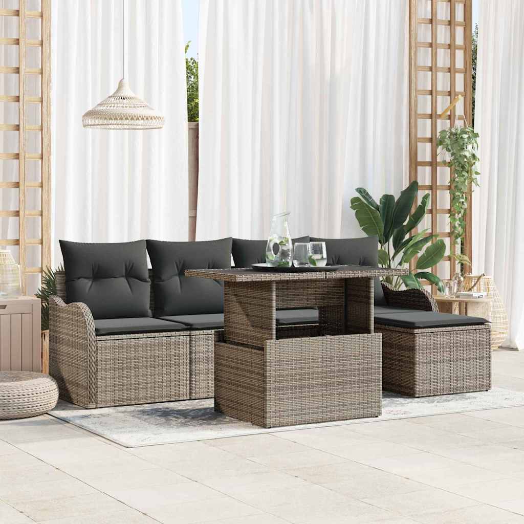 Set da esterno con cuscino 6 pcs Grigio Poly Rattan