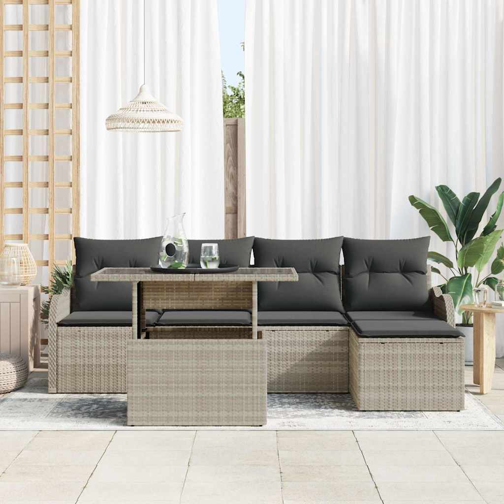 Set da esterno con cuscino 6 pcs Grigio chiaro Poly Rattan