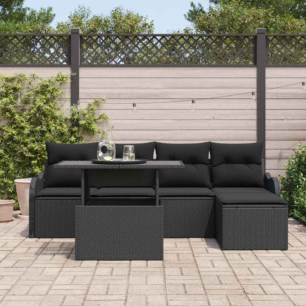 Set da esterno con cuscino 6 pcs Nero Poly Rattan