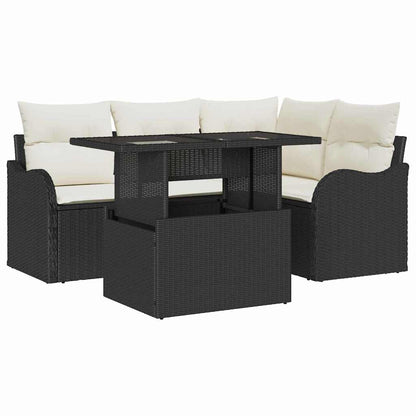 Set da pranzo per esterni con cuscino 5 pcs Nero Poly Rattan