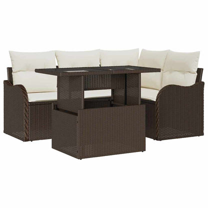 Set da pranzo per esterni con cuscino 5 pcs Marrone Poly Rattan