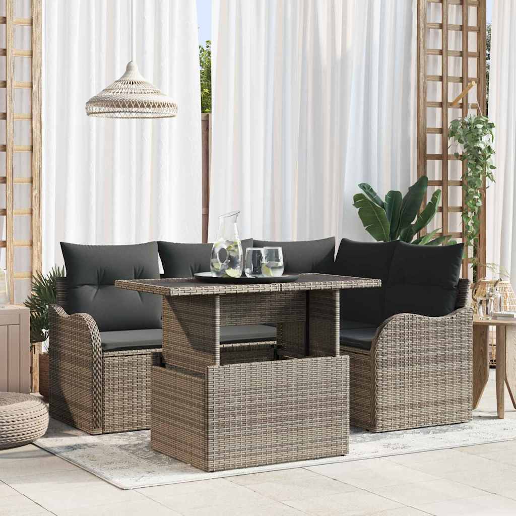 Set da pranzo per esterni con cuscino 5 pcs Grigio Poly Rattan