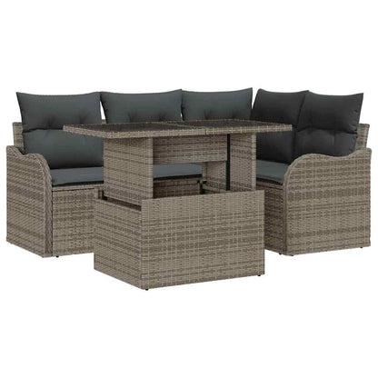 Set da pranzo per esterni con cuscino 5 pcs Grigio Poly Rattan