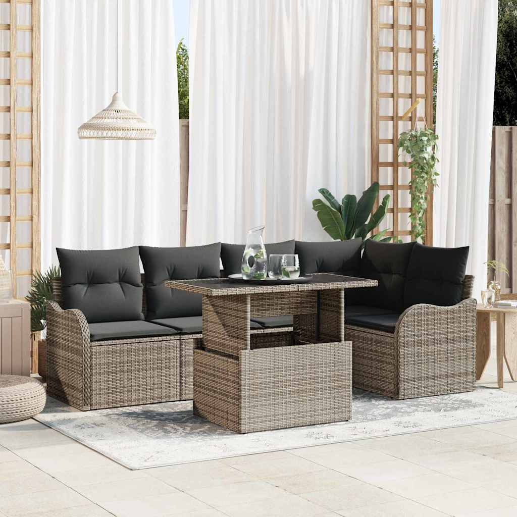 Set da pranzo con cuscino 6 pcs Grigio Poly Rattan