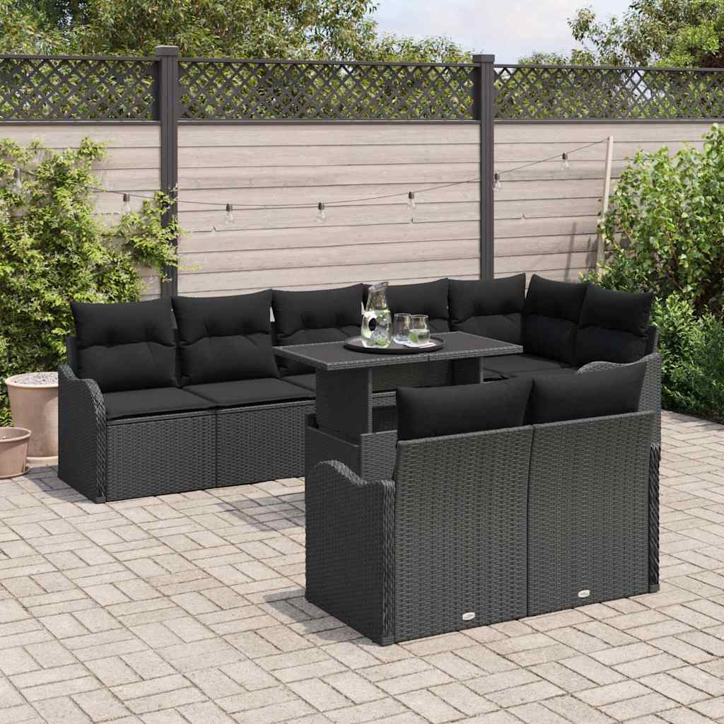 Set di relax con cuscino 9 pcs Nero Poly Rattan