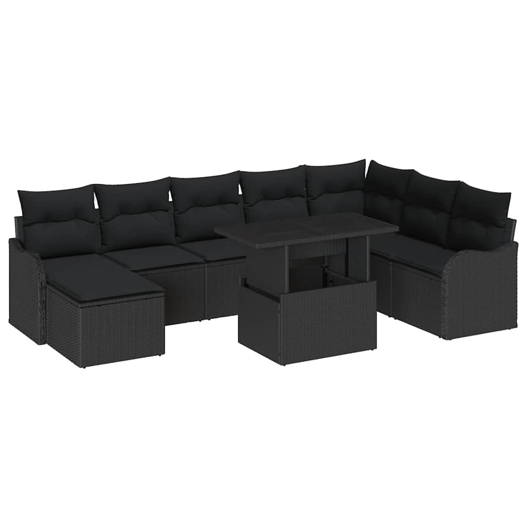 Set Divano da Giardino con cuscino 9 pcs Nero Poly Rattan