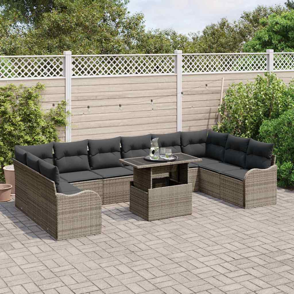 Set Divano da Giardino con cuscino 11 pcs Grigio Poly Rattan