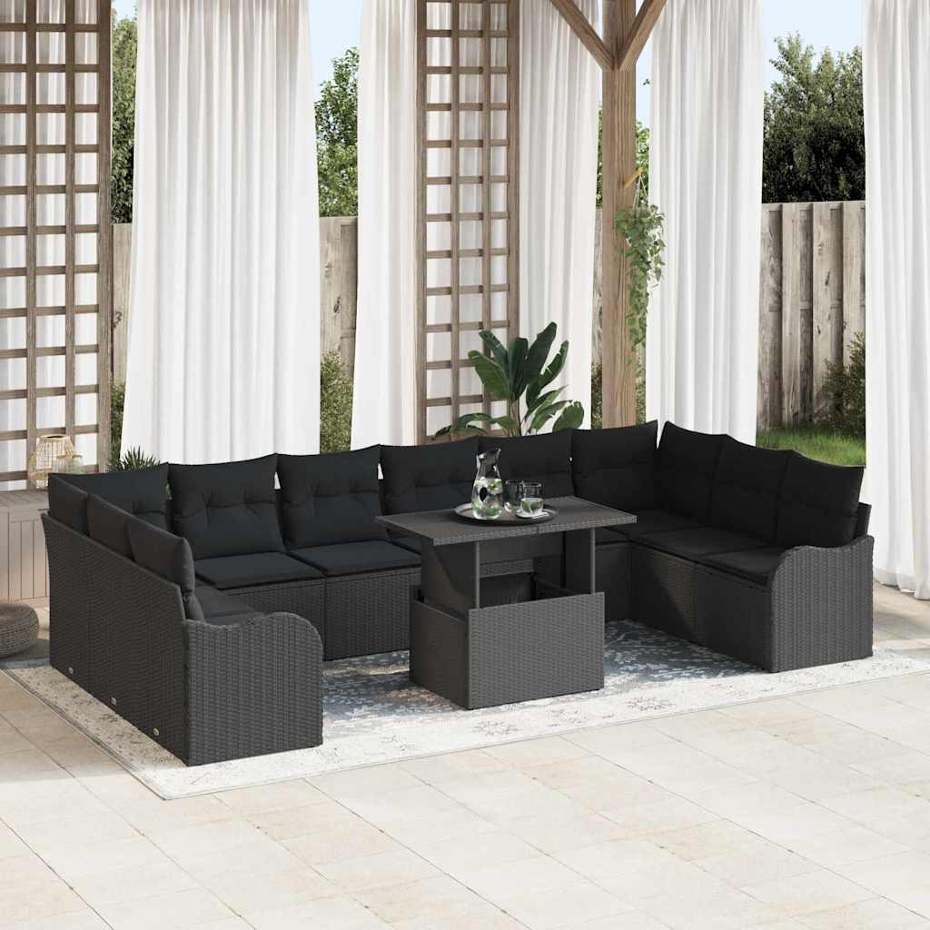 Set Divano da Giardino con cuscino 11 pcs Nero Poly Rattan