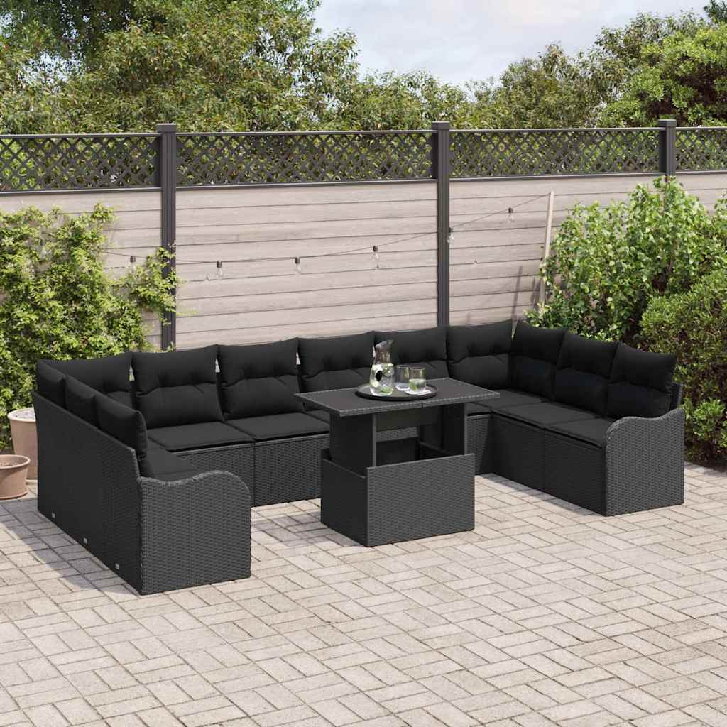 Set Divano da Giardino con cuscino 11 pcs Nero Poly Rattan