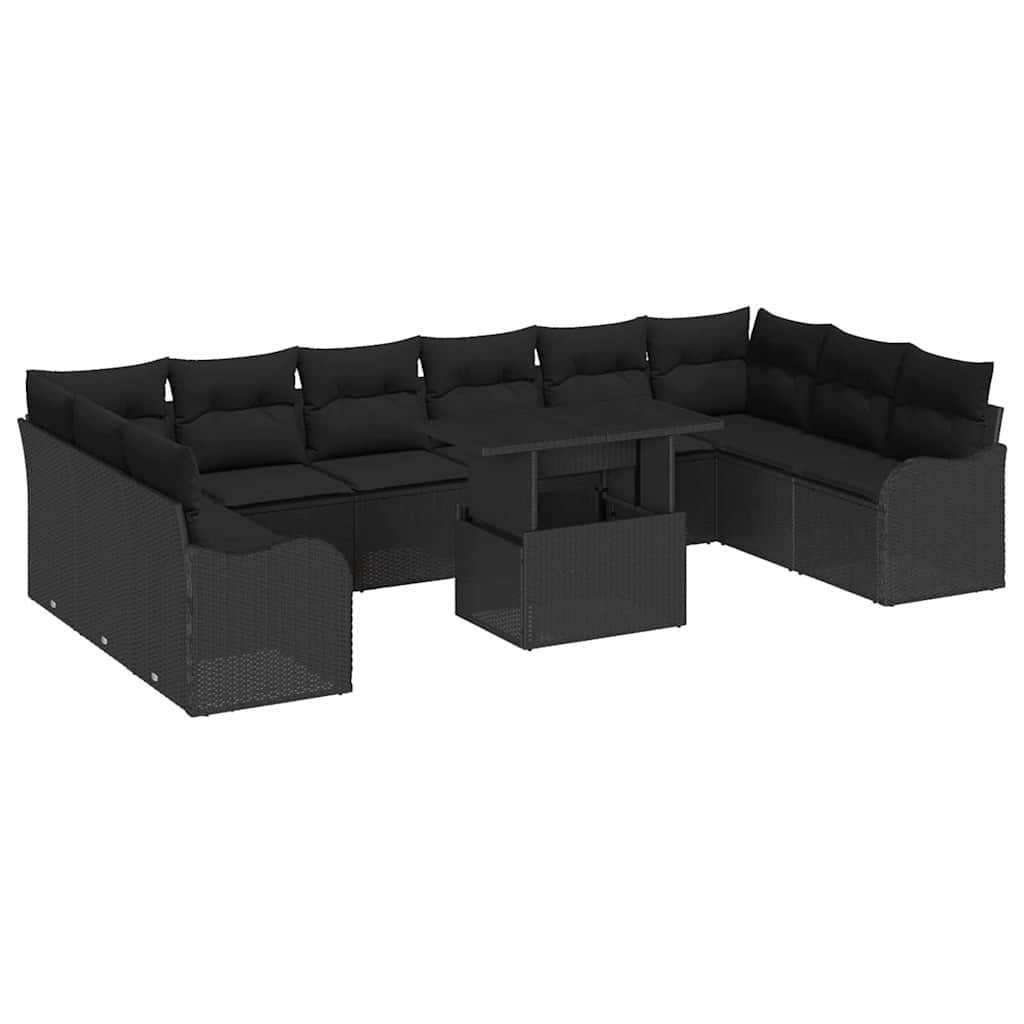 Set Divano da Giardino con cuscino 11 pcs Nero Poly Rattan