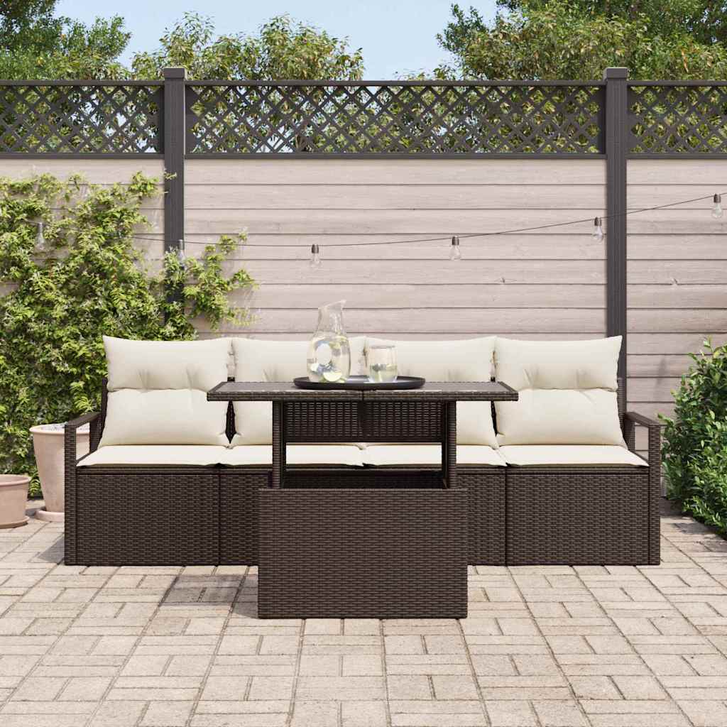 Set Divano da Giardino con cuscino 5 pcs Marrone polyrattan