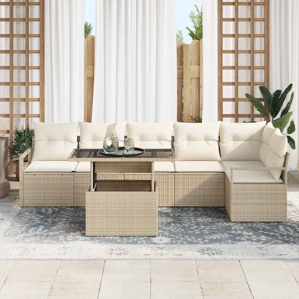 Set Divano da Giardino con cuscino 7 pcs Beige Poly Rattan