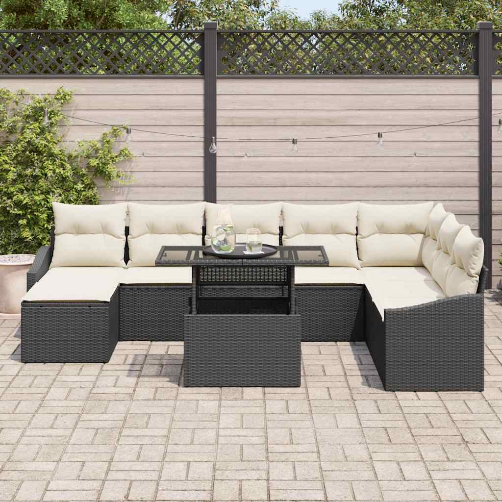 Set di divani con cuscino 9 pcs Nero e Crema polyrattan