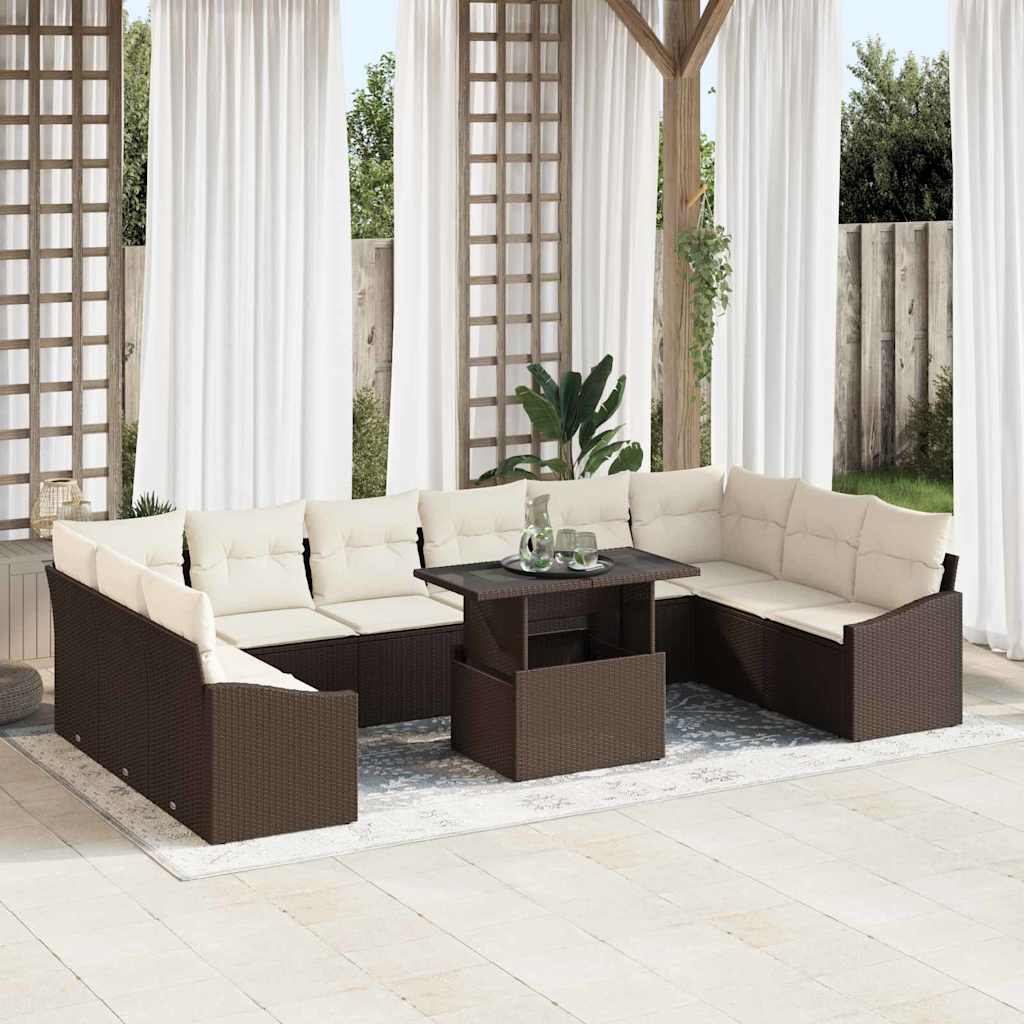 Set di divani con cuscino 11 pcs Marrone e Crema polyrattan