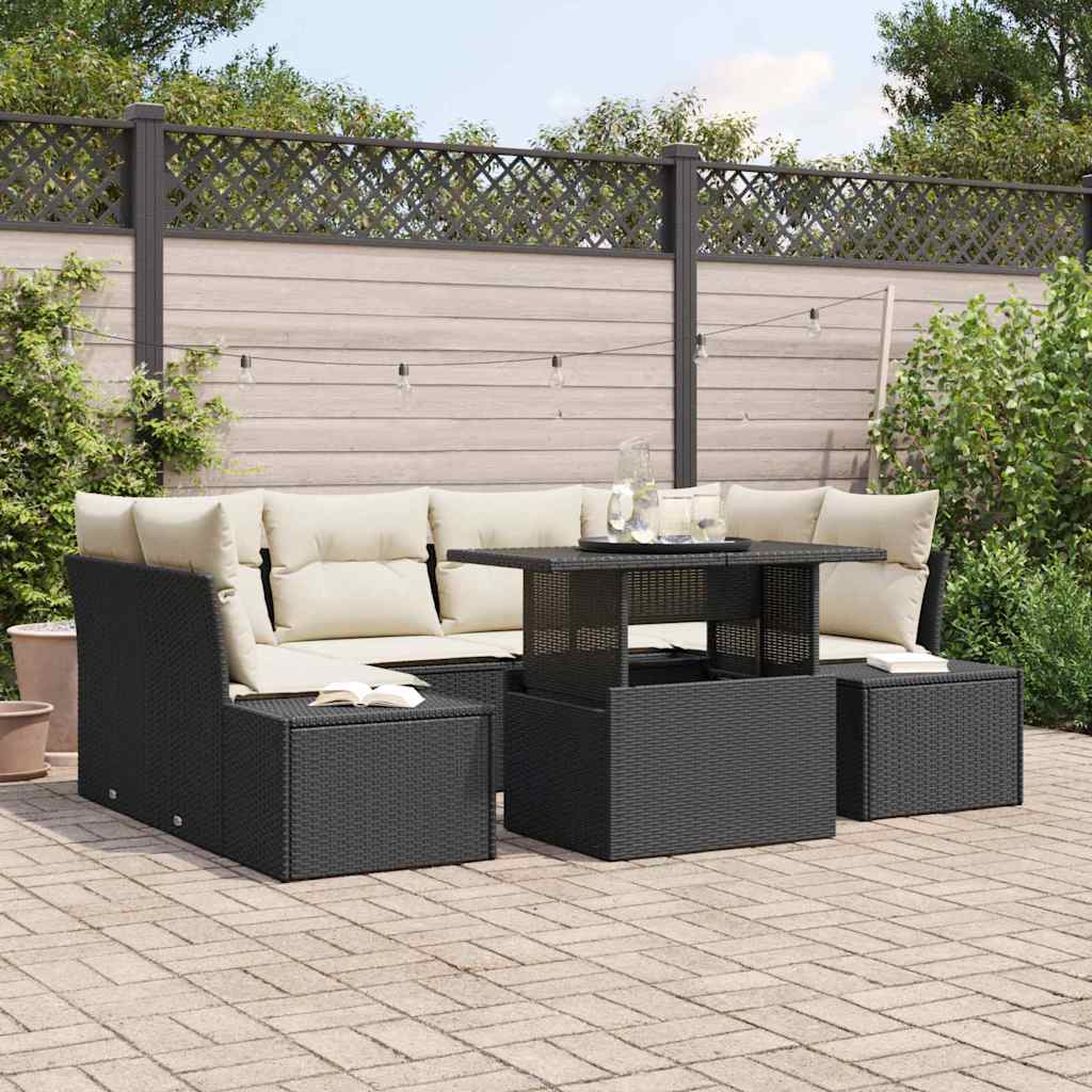 Set di divani con cuscino 7 pcs Nero e Crema polyrattan