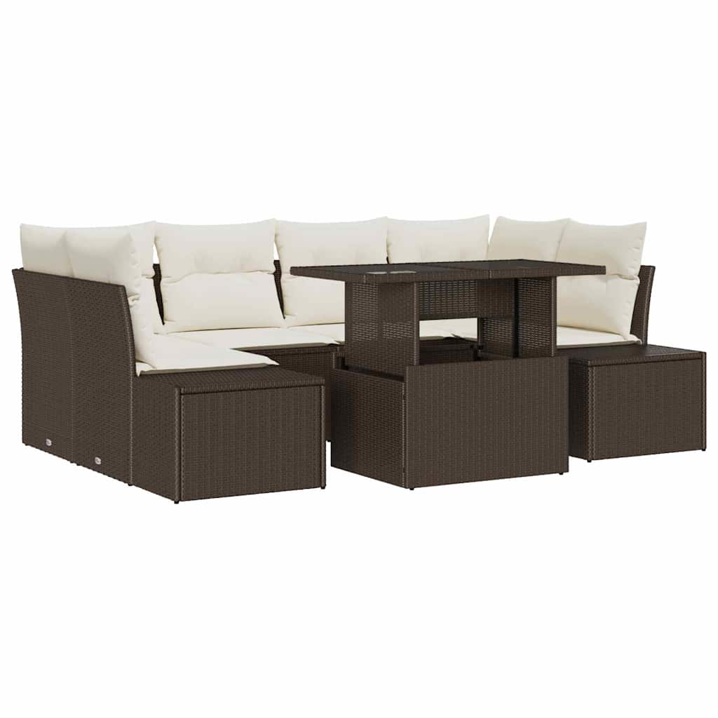 Set di divani con cuscino 7 pcs Marrone e Crema polyrattan