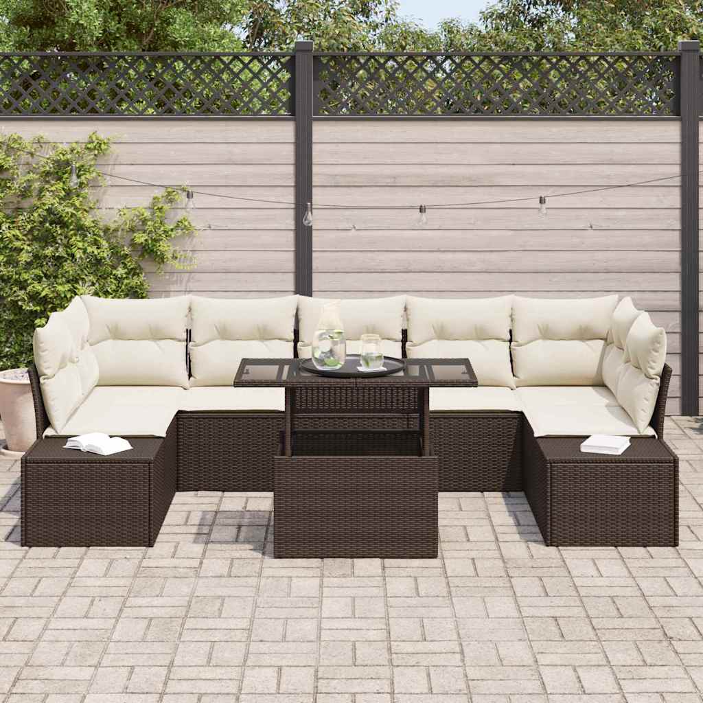 Set di divani con cuscino 8 pcs Marrone e Crema polyrattan