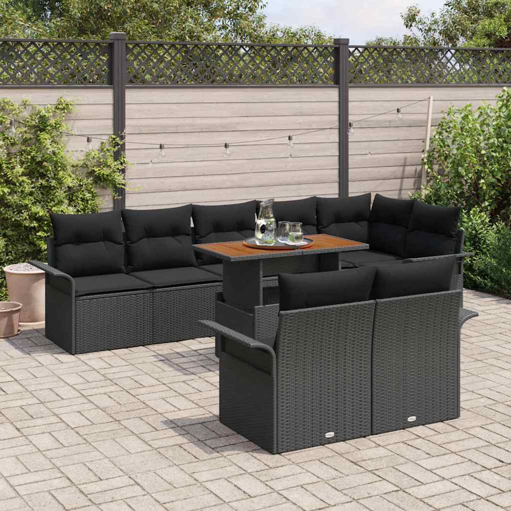 Set Divano da Giardino con cuscino 9 pcs Nero polyrattan