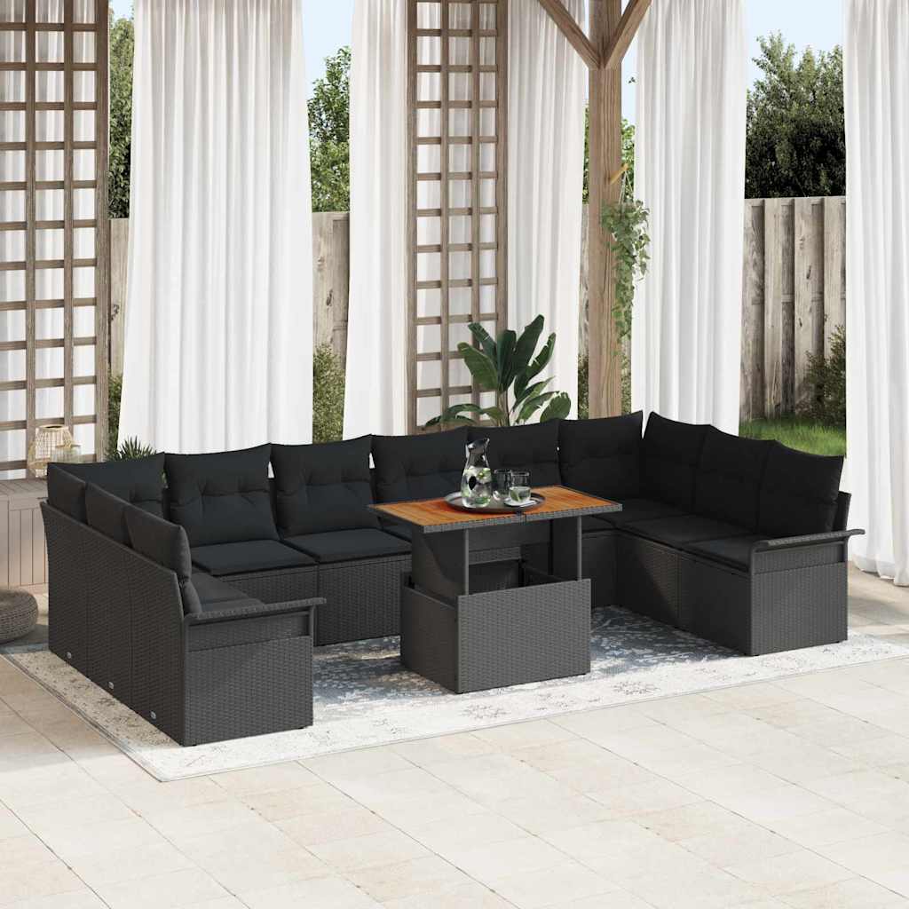 Set Divano da Giardino con cuscino 11 pcs Nero polyrattan